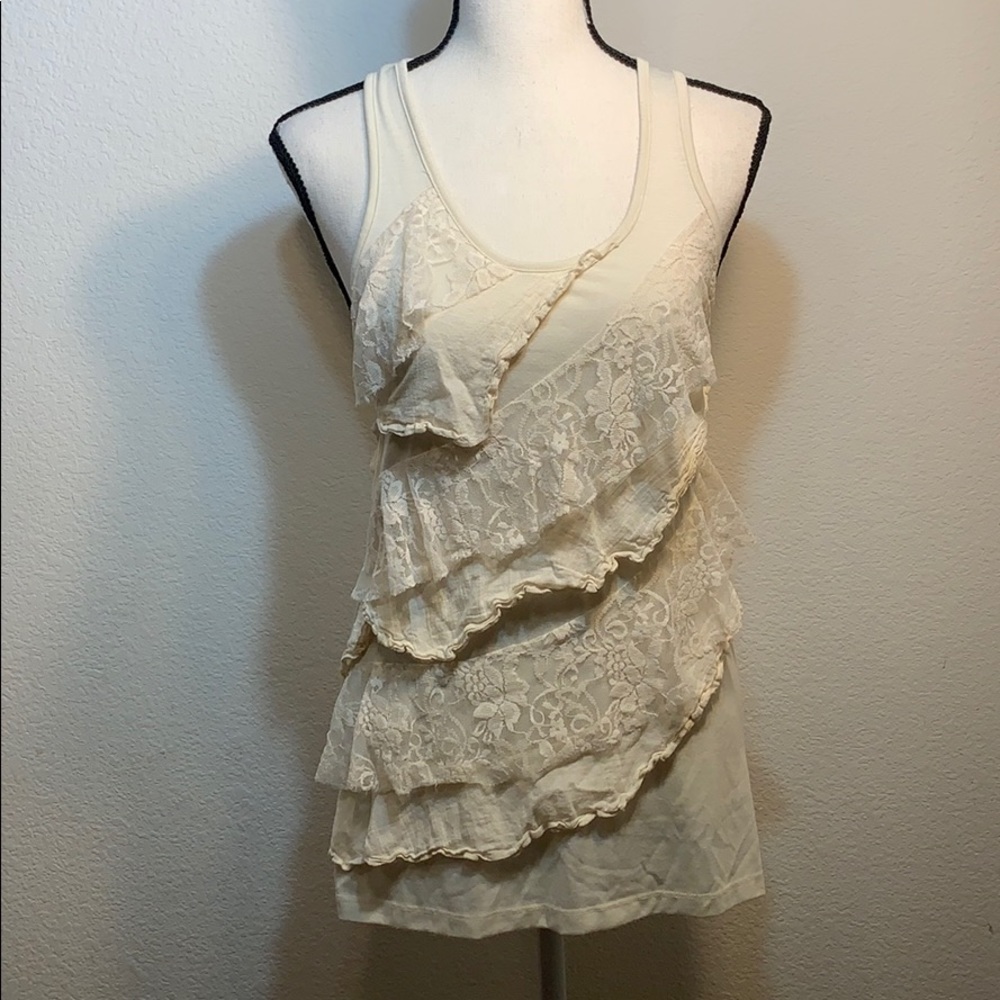 Eyelash couture cream colored lace ruffle tank top